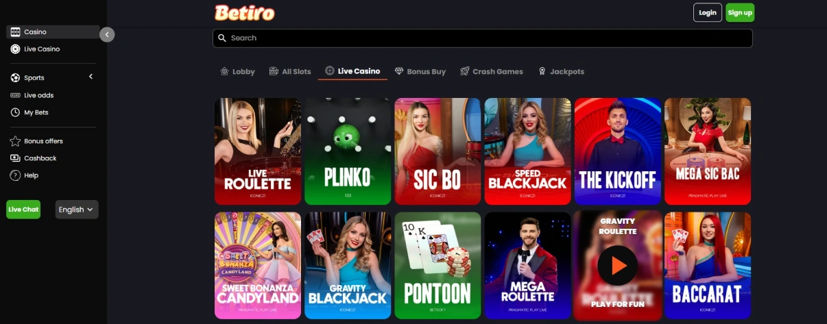 Bild von Betiro Casino Live Games.